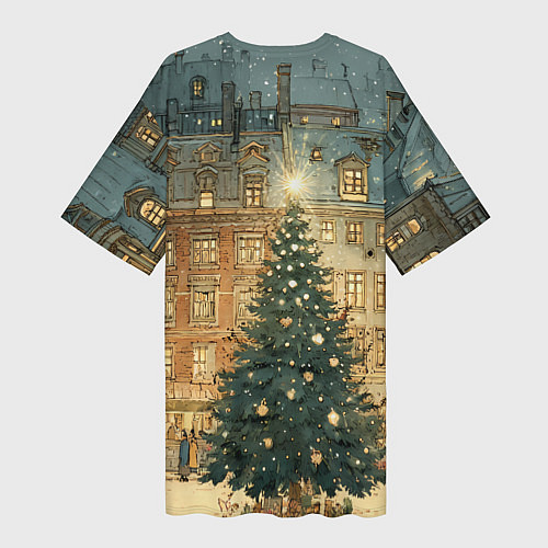 Женская длинная футболка Новогодний старый город / 3D-принт – фото 2