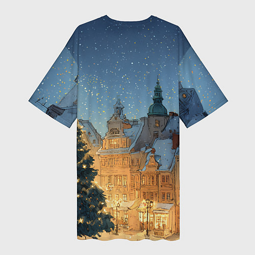 Женская длинная футболка Новый год в старом городе / 3D-принт – фото 2