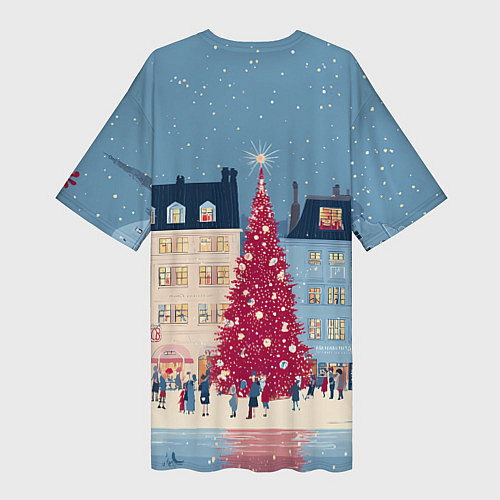 Женская длинная футболка Новогоднее гуляние у красной елки / 3D-принт – фото 2