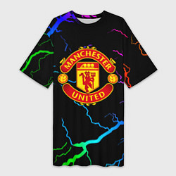 Футболка женская длинная Манчестер Юнайтед неоновые молнии, цвет: 3D-принт