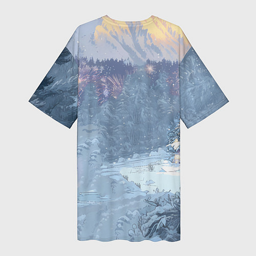 Женская длинная футболка Новогодняя лошадка в лесу / 3D-принт – фото 2