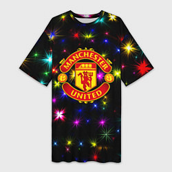 Футболка женская длинная Манчестер Юнайтед праздничные огни, цвет: 3D-принт