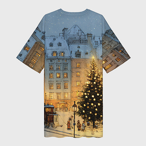 Женская длинная футболка Новый год в старом уютном городе / 3D-принт – фото 2