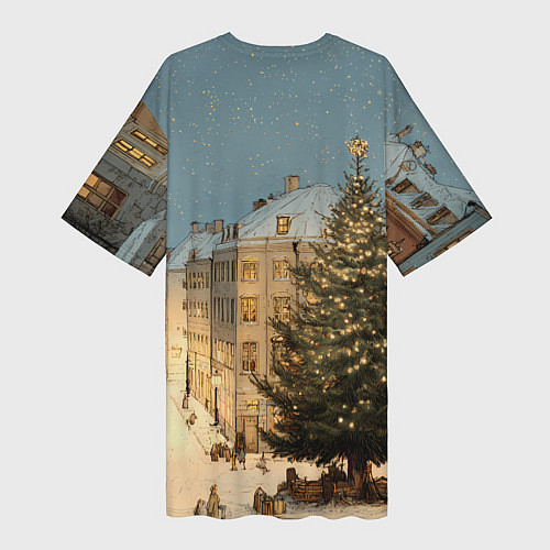 Женская длинная футболка Елка во дворе города / 3D-принт – фото 2