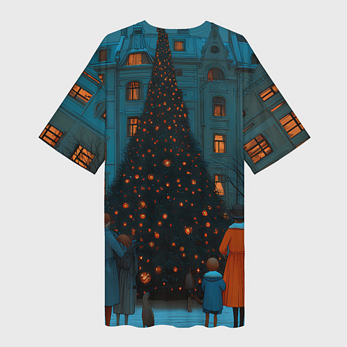 Женская длинная футболка Люди встречают новый год во дворе / 3D-принт – фото 2