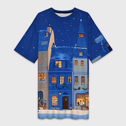Футболка женская длинная Синяя новогодняя елочка во дворе, цвет: 3D-принт