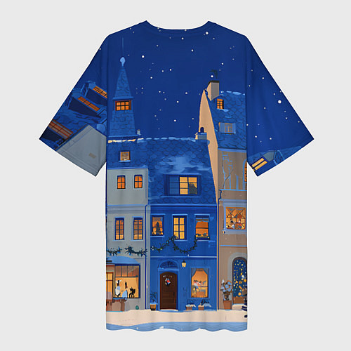 Женская длинная футболка Синяя новогодняя елочка во дворе / 3D-принт – фото 2