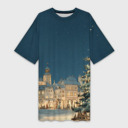 Футболка женская длинная Новогодняя атмосфера в городе, цвет: 3D-принт