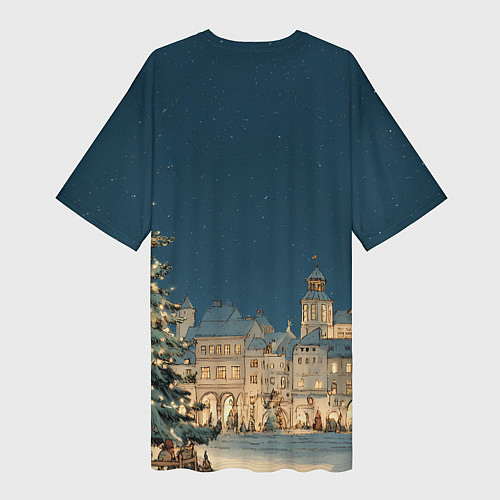Женская длинная футболка Новогодняя атмосфера в городе / 3D-принт – фото 2