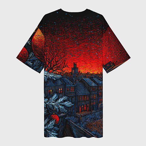 Женская длинная футболка Новый год в ночном городе / 3D-принт – фото 2