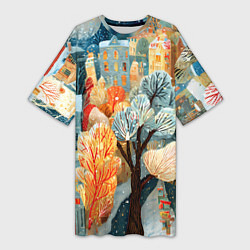 Футболка женская длинная Разноцветные новогодние домики, цвет: 3D-принт