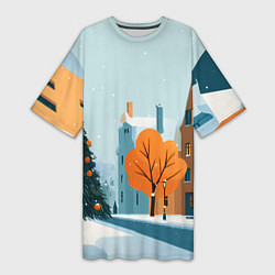 Футболка женская длинная Новогодняя улица, цвет: 3D-принт