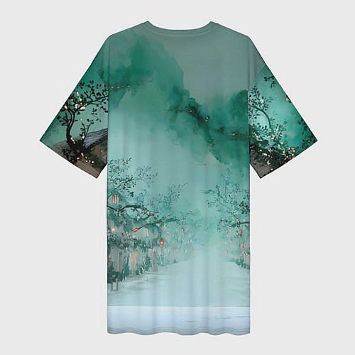 Женская длинная футболка Новогодняя туманная улица / 3D-принт – фото 2