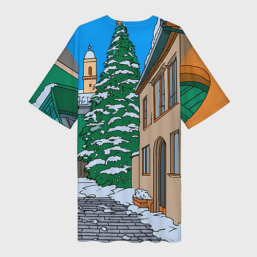 Женская длинная футболка Новогодняя мультяшная улица / 3D-принт – фото 2