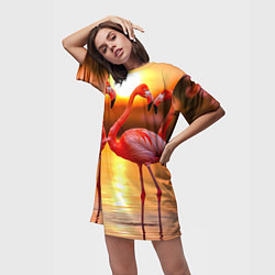 Футболка женская длинная Розовый закат с фламинго, цвет: 3D-принт — фото 2