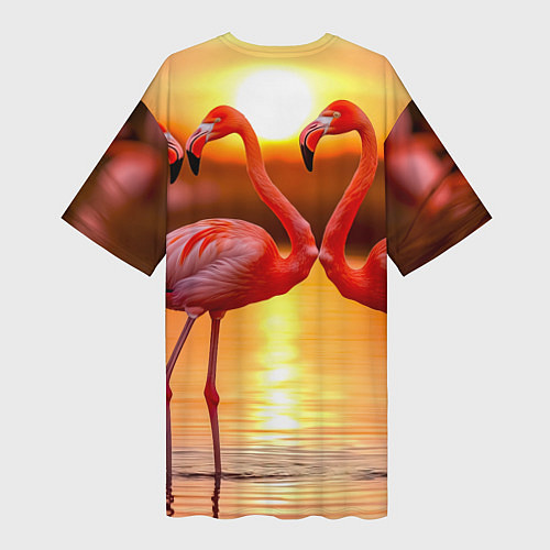 Женская длинная футболка Розовый закат с фламинго / 3D-принт – фото 2