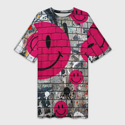 Женская длинная футболка Розовые смайлы граффити