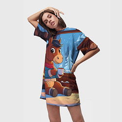 Футболка женская длинная Лошадка у камина, цвет: 3D-принт — фото 2