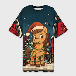 Футболка женская длинная Лошадка в новогодней гирлянде, цвет: 3D-принт