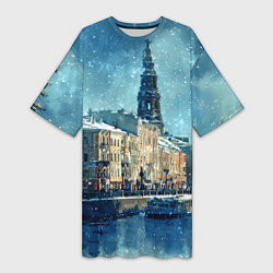 Футболка женская длинная Снегопад в Санкт-Петербурге, цвет: 3D-принт