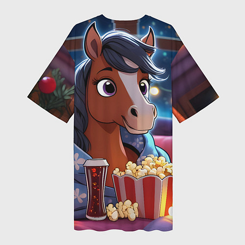 Женская длинная футболка Новогодняя лошадка с попкорном / 3D-принт – фото 2