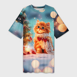 Футболка женская длинная Рыжий маленький новогодний котенок, цвет: 3D-принт