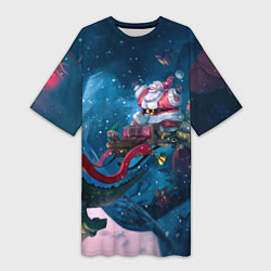 Женская длинная футболка Санта с динозавром