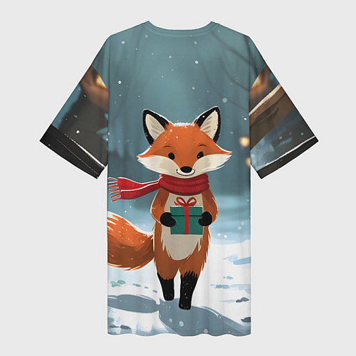 Женская длинная футболка Лисичка с подарком зимой / 3D-принт – фото 2