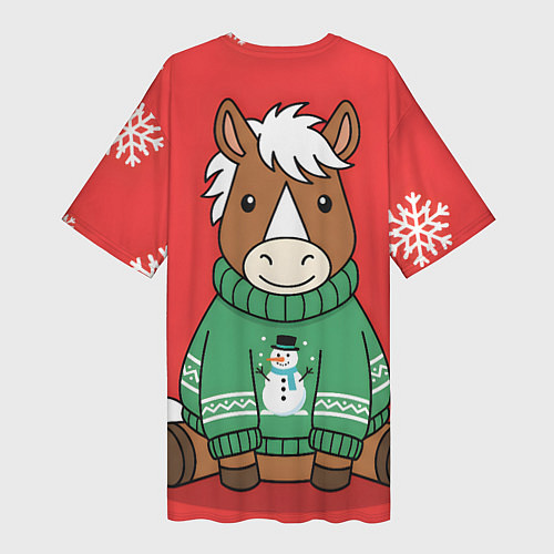 Женская длинная футболка Новогодняя лошадка в зеленом свитере / 3D-принт – фото 2