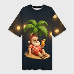 Футболка женская длинная Санта чиллит под пальмой, цвет: 3D-принт