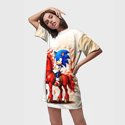 Футболка женская длинная Соник верхом на коне, цвет: 3D-принт — фото 2
