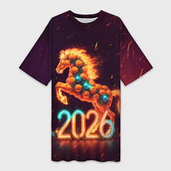 Женская длинная футболка Новогодняя мандариновая лошадь 2026