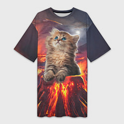 Женская длинная футболка Кот на вулкане