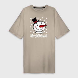 Женская футболка-платье Merry Christmas: снеговик в цилиндре