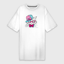 Футболка женская-платье Кот в кепке и с бабочкой, цвет: белый