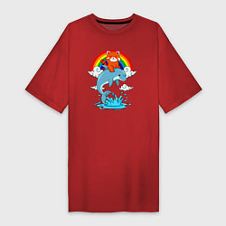 Футболка женская-платье Красная панда верхом на дельфине, цвет: красный