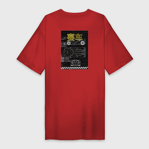 Женская футболка-платье Спортивная машина с неоновыми иероглифами / Красный – фото 2