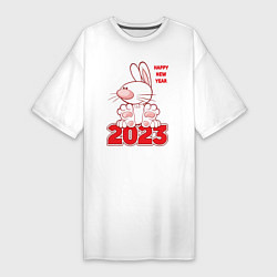 Футболка женская-платье Happy New Year, 2023, кролик сидит на цифрах, цвет: белый