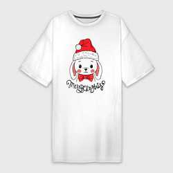 Футболка женская-платье Merry Christmas, cute rabbit in Santa hat, цвет: белый