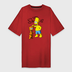 Футболка женская-платье Барт Симпсон и Снежок - нейросеть - мультфильм, цвет: красный
