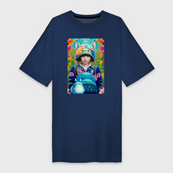 Футболка женская-платье Girl with Totoro - fantasy - neural network, цвет: тёмно-синий