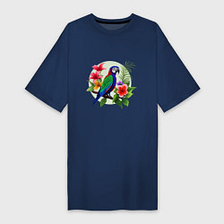Футболка женская-платье Попугай среди цветов, цвет: тёмно-синий