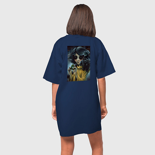 Женская футболка-платье Коралина в Стране Кошмаров арт / Тёмно-синий – фото 4