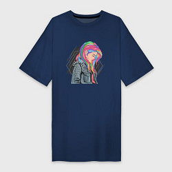 Футболка женская-платье Девушка рокерша с разноцветными волосами, цвет: тёмно-синий