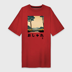 Футболка женская-платье MoMo - Деревья на фоне гор в японском стиле, цвет: красный