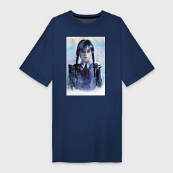 Футболка женская-платье Акварельный портрет Уэнсдей, цвет: тёмно-синий