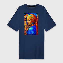 Футболка женская-платье Девушка с жемчужной серёжкой - мозаика, цвет: тёмно-синий