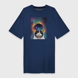 Футболка женская-платье Мечтательный космический котик, цвет: тёмно-синий