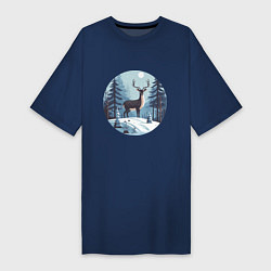 Футболка женская-платье Зимняя сказка олень в лесу, цвет: тёмно-синий