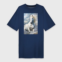 Футболка женская-платье Белая лошадь на фоне неба, цвет: тёмно-синий